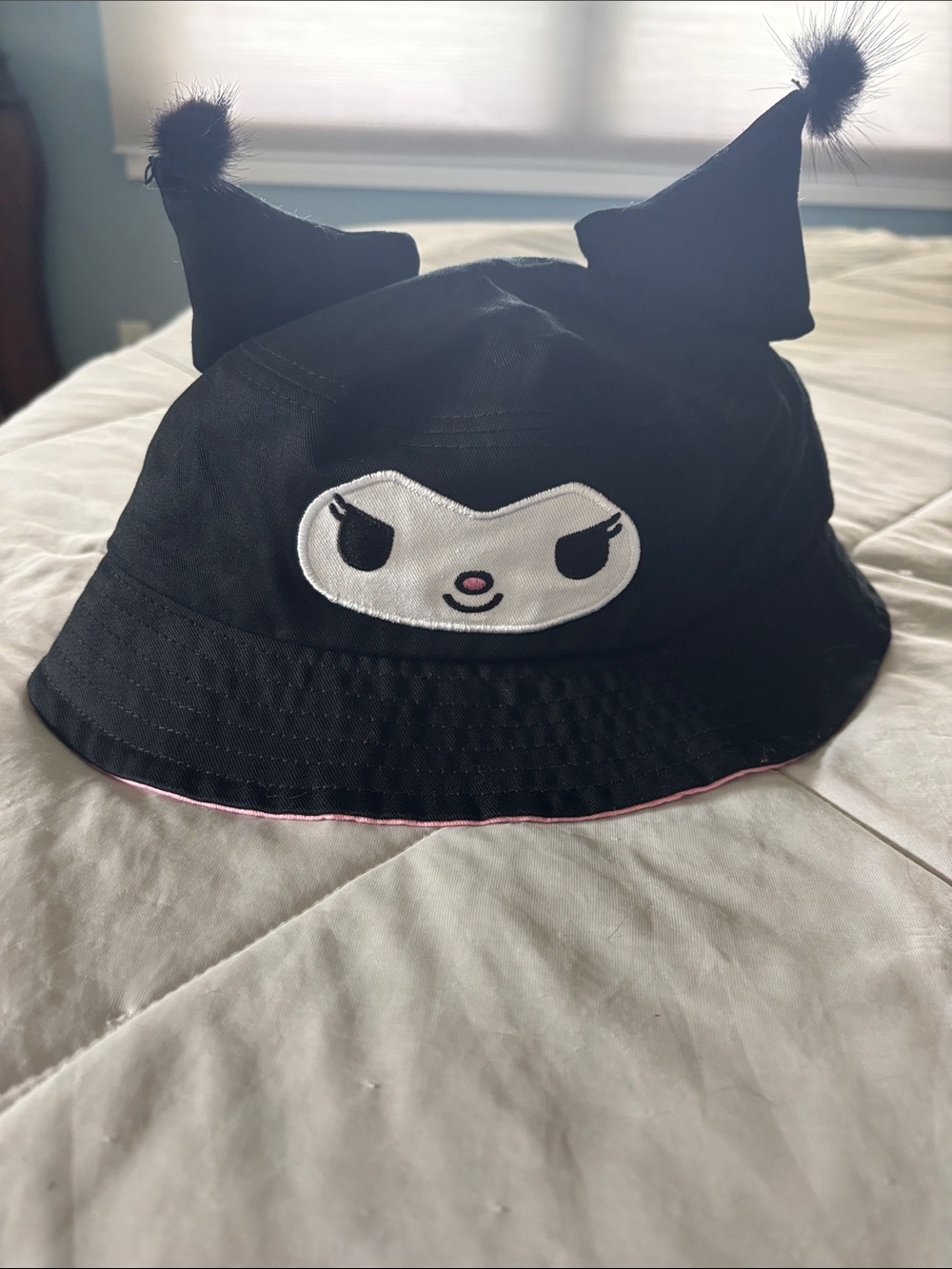 Kuromi-Hello Kitty Black Bucket Hat with Pom Ear Accent